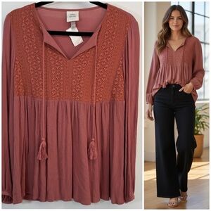 Knox Rose Mauve w Lace Details Peasant Bohemian Blouse Women's Size Small NWT